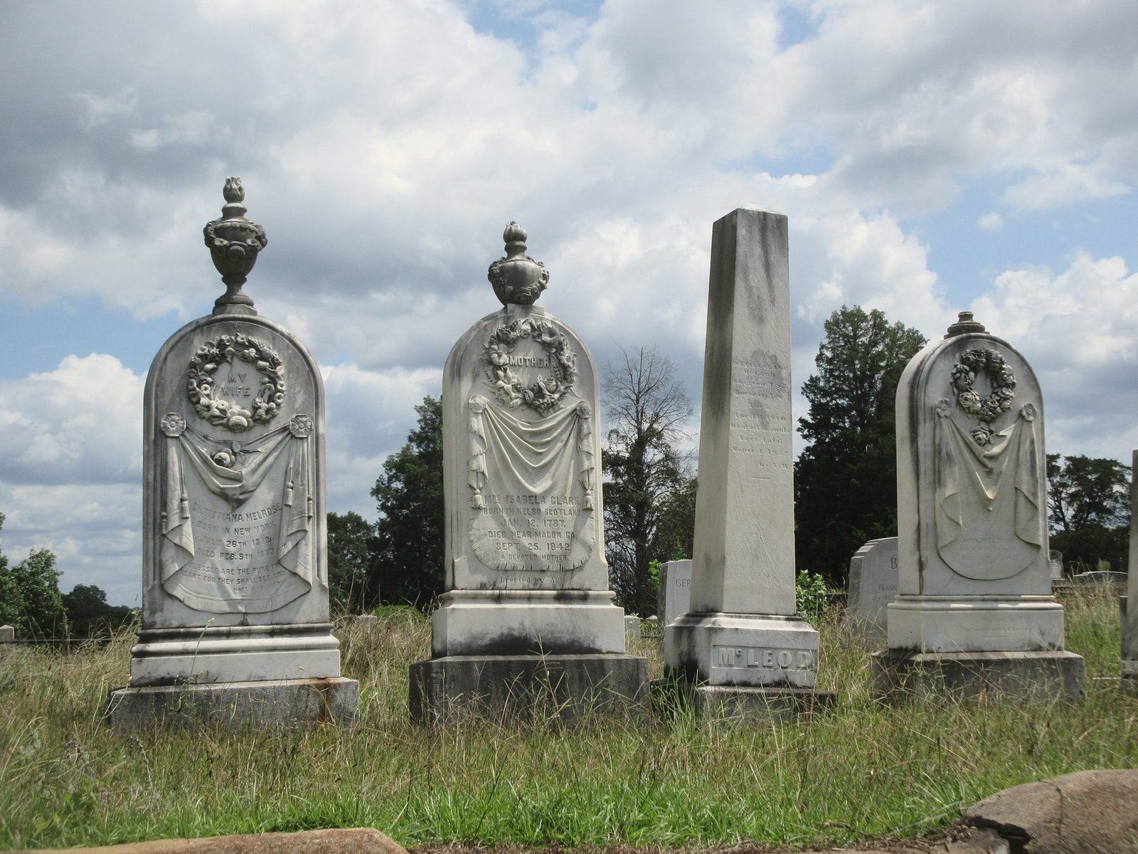 Four carved stone tablets and a tall shaft in long grass under a cloudy sky